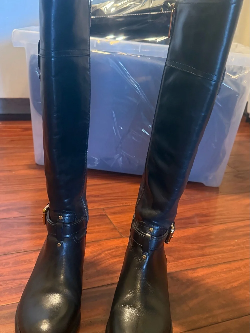 Tory Burch Black Leather Riding Boots with Gold Buckle - Picture 4 of 13